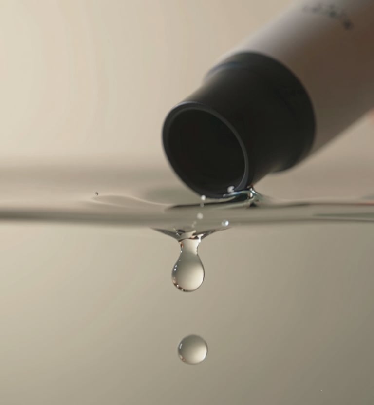 Macro shot of a product being submerged in water with high-speed lighting capturing every droplet. The style is sharp and commercial, with a clean background in sand tones (#F8F4ED) and charcoal (#363131) depth.
