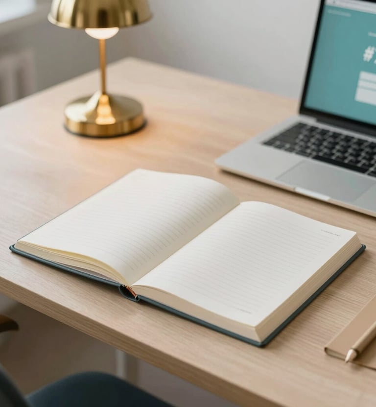 A high-angle shot of an academic desk with an open journal, a brass lamp, and a modern laptop. Brand colors #7A9E9F and #D4B281 are present in the stationery, reflecting a blend of traditional rigor and modern creativity.