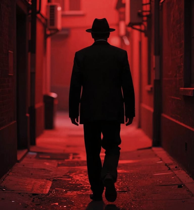Silhouette of a man in a fedora walking into a dark alleyway, intense red background, film noir style mixed with pop art color blocks.