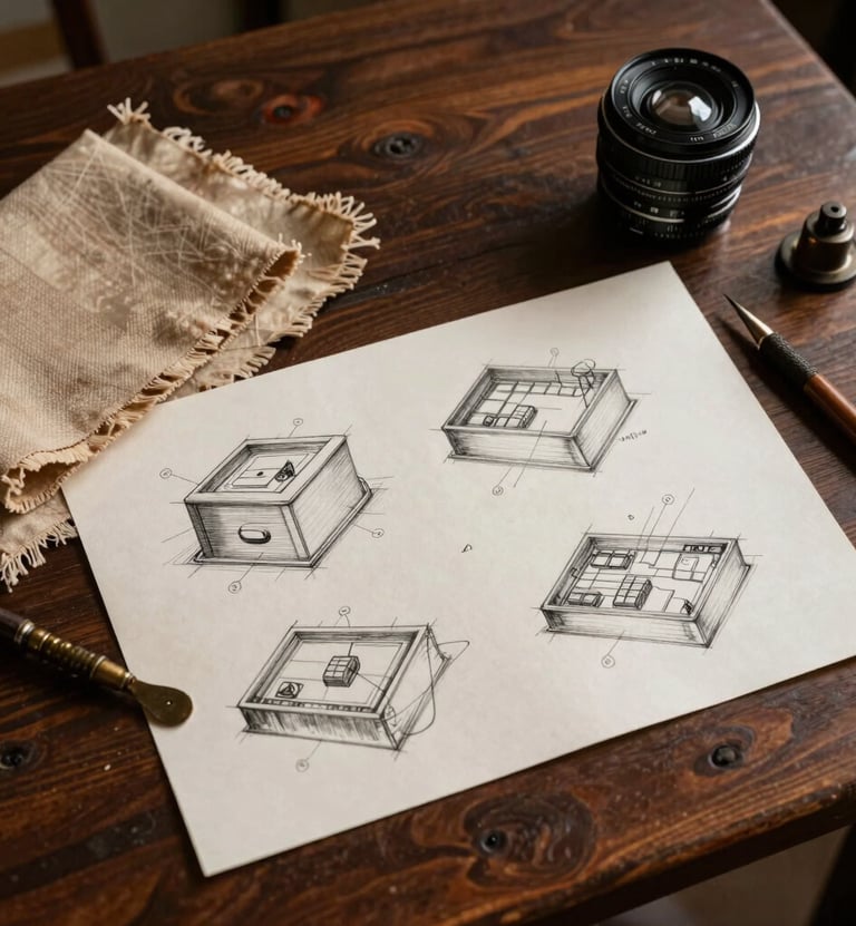 A classic studio flat lay featuring hand-drawn design sketches, vintage fabric swatches, and antique tailoring tools resting on a rich, dark chocolate brown wooden table. The lighting is warm and dramatic, highlighting the tactile texture of the paper and fibers.