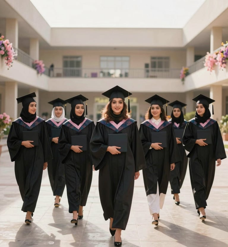 A group of female graduates in elegant gowns and caps, celebrating in a bright, modern Middle Eastern school courtyard with soft afternoon lighting and soft pink and purple floral decorations.