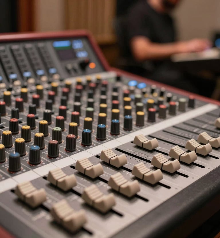 A close-up of a studio mixing console with various knobs and sliders. In the background, out of focus, is a musician in a North American / US studio. The lighting is low and artistic, dominated by deep rosy brown and soft taupe tones.