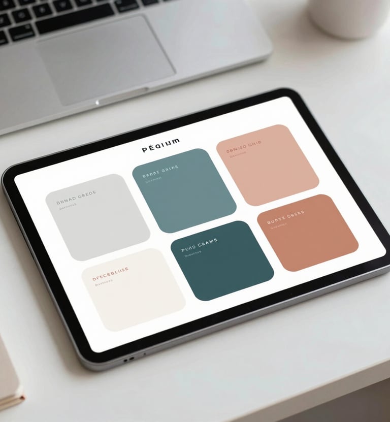 An overhead shot of a clean designer's desk with a tablet displaying a minimalist style guide. The guide shows the project's palette of Platinum, Teal, and Burnt Peach with elegant typography.