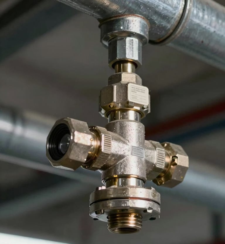 Close-up of a fire suppression sprinkler head installed in a steel pipe network, tungsten sidelight catching threaded fittings and certification label in sharp focus, industrial ceiling context visible in shallow background