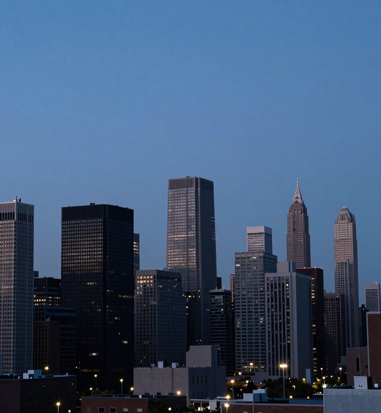 A cinematic urban landscape photograph of a North American city skyline during the blue hour. The composition is clean and minimalist, with the deep charcoal of the buildings contrasting against the muted indigo of the evening sky and soft ivory street lights.