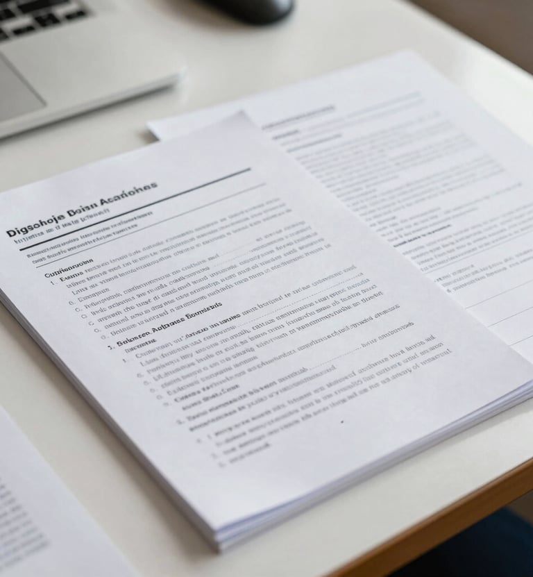 A close-up of printed academic research papers on digital violence and online grooming, resting on a clean white desk inside a Mexican / Latin American university study. Sharp focus, soft natural shadows, authoritative tone.