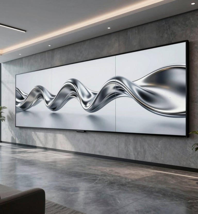 A wide shot of a North American / US modern office lounge where a wall-mounted high-resolution display showcases a looping 3D animation of fluid silver metal. The aesthetic is professional and high-tech, with lighting reflecting off slate gray surfaces.