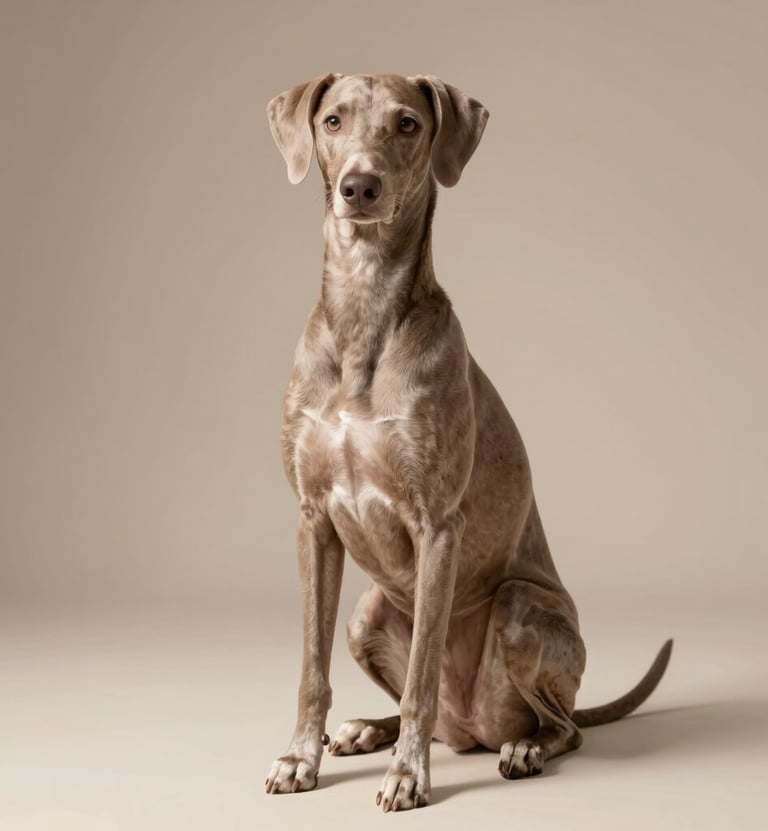 An elegant pet portrait of a sleek dog sitting gracefully in a sunlit studio, warm shadows and high-end artistic lighting, incorporating the soft taupe tones of #B8ADAD.