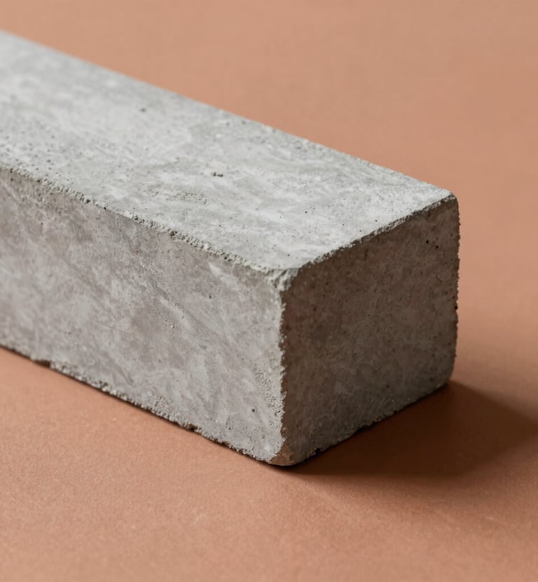 A minimalist close-up of high-end architectural materials: a block of raw grey concrete against a smooth, warm terracotta (#BC6C47) plane. Dramatic side-lighting creates deep shadows and emphasizes texture.