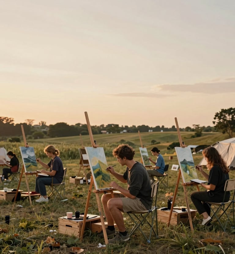 A wide photograph of an outdoor art camp in a serene International / Global Art Scene countryside. Artists are painting at wooden easels under a warm cream beige sunset sky. The atmosphere is professional yet inspiring.