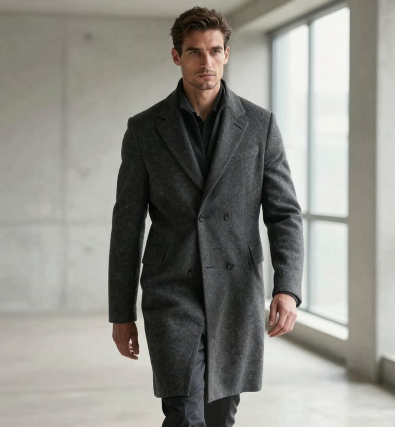 A cinematic wide shot of a professional male model with a strong jawline, wearing a structured charcoal grey coat, walking through a minimalist concrete hall with soft off-white natural light coming from a high window.