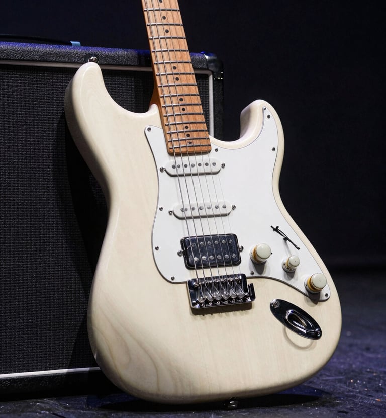 A detailed close-up shot of an electric guitar leaning against a vintage amplifier on a dark stage. The wood grain and chrome hardware are highlighted by soft off-white light against a dark charcoal background. Western European / Dutch concert setting.