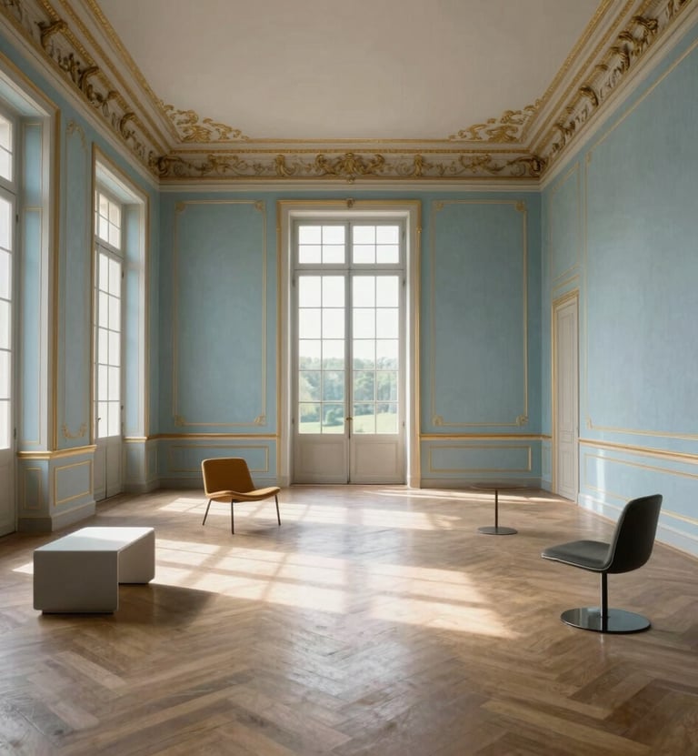An empty, vast room with high ceilings in a French chateau, light blue and gold walls, modern minimalist furniture placed as an installation, sunlight streaming through large windows, photography style.