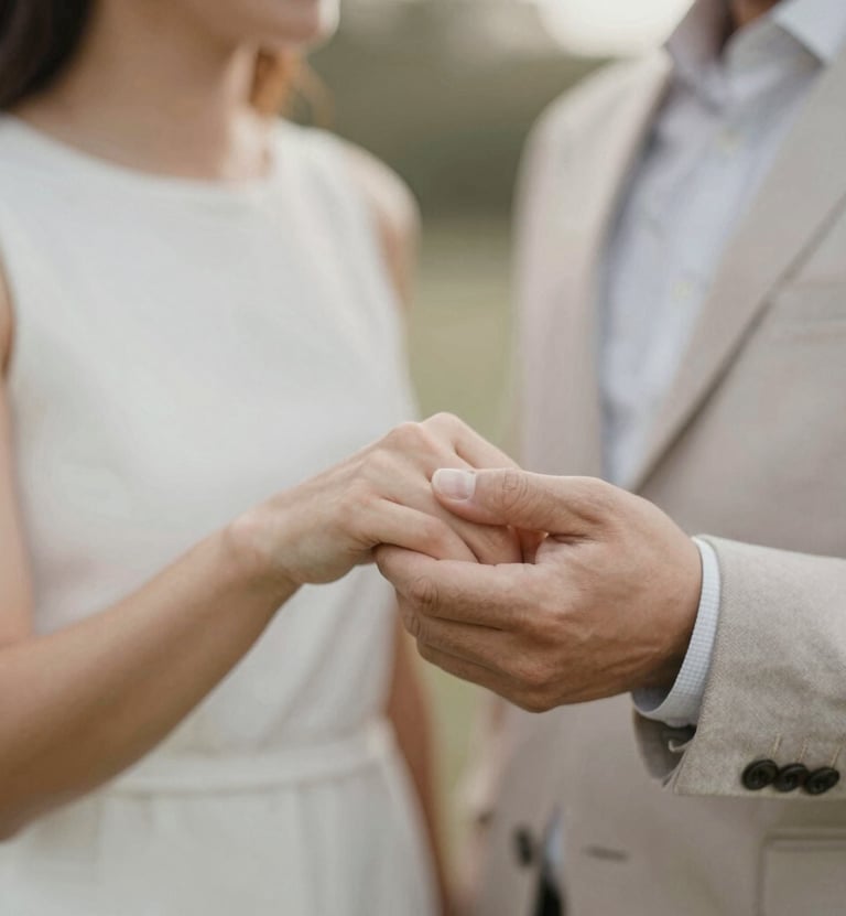 A close-up shot of a couple's hands during an engagement session, capturing an intimate moment of connection. Soft, warm natural lighting with a palette of #CFC7BB and #F7F5F0, reflecting an artistic and elegant mood.