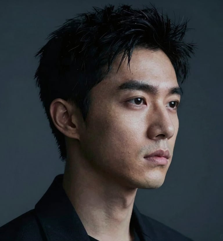 High-contrast portrait in a cinematic style, side-lit with cool tones (#8C9CA6), dark background (#1A1A1A), sharp focus on texture.