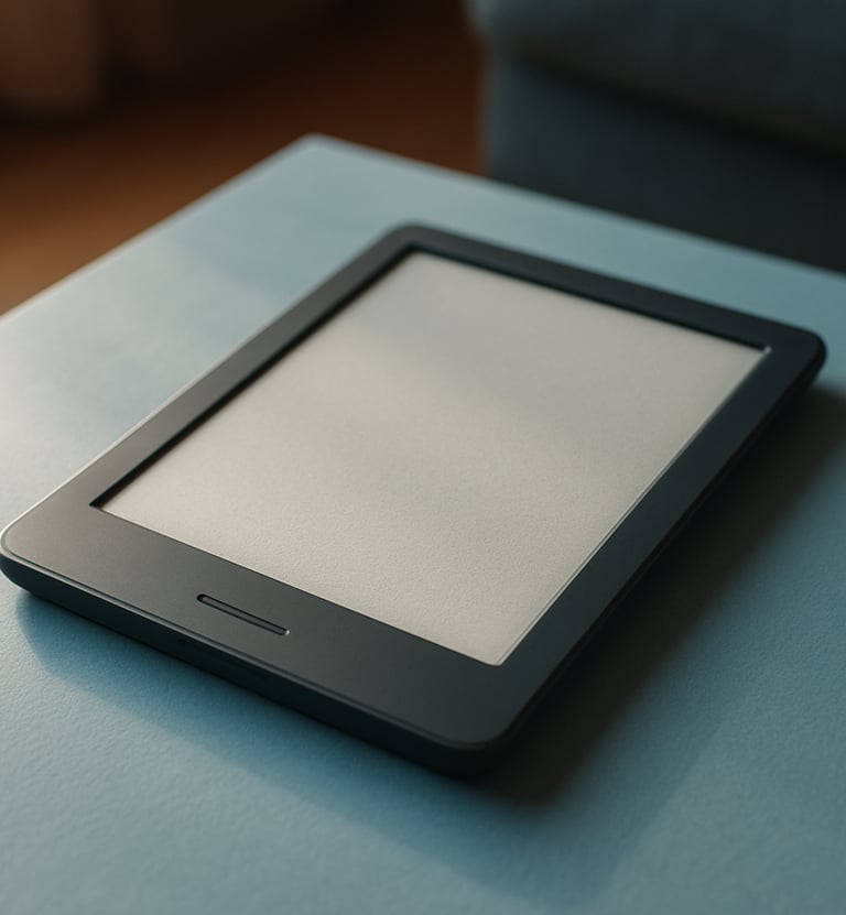 A close-up photograph of a modern e-reader resting on a clean, light blue surface. The lighting is soft and natural, suggesting a peaceful morning in a South American / Brazilian living room. The scene is minimal and sophisticated, incorporating steel blue accents.