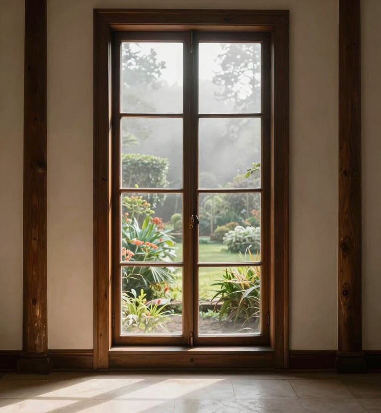 An architectural photograph of a tall library window looking out onto a misty garden. The window frame is a dark espresso wood. Soft, natural light spills onto a cream-colored floor.