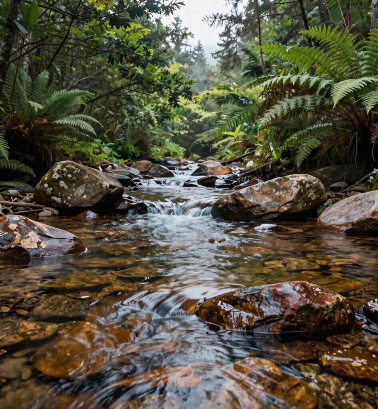 A serene horizontal shot of a clear forest stream flowing over smooth, earth brown stones in a North American woodland. Lush green foliage and ferns line the banks. The water reflects the pale mist of the sky, creating a clean and modern composition.