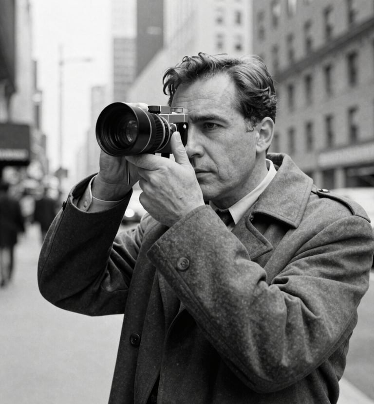 A film director in a North American / US city setting, wearing a classic coat, looking through a viewfinder. The scene is shot in high-contrast black and white, reflecting the cinematic film noir style.