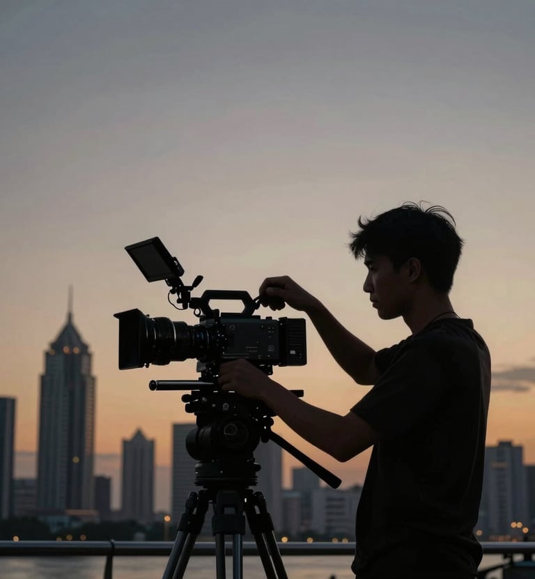 A professional filmmaker silhouette adjusting a high-end cinema camera against a backdrop of a modern Angolana city skyline at dusk, muted gold and deep slate grey color palette.