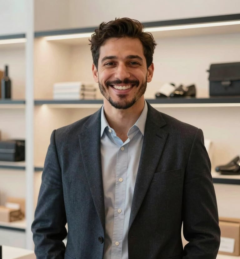 A friendly business owner smiling warmly inside a modern North American / US retail shop, wearing professional yet casual attire, with a background of soft off-white shelves and jet black accents.