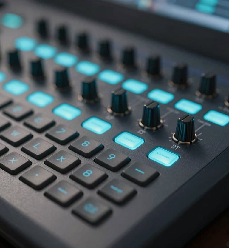 A close-up of a professional video editing console with backlit charcoal buttons and teal blue indicators. The composition is tight and modern, showcasing professional craftsmanship and sophisticated technology in soft lighting.
