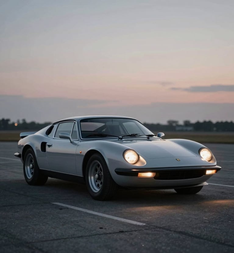 A sleek vintage sports car parked on an empty tarmac at dusk, its headlights glowing softly. The website conveys a sophisticated and timeless aesthetic, reflecting precision and artistry. Incorporates #1C2833 and #F8F8F8 tones.