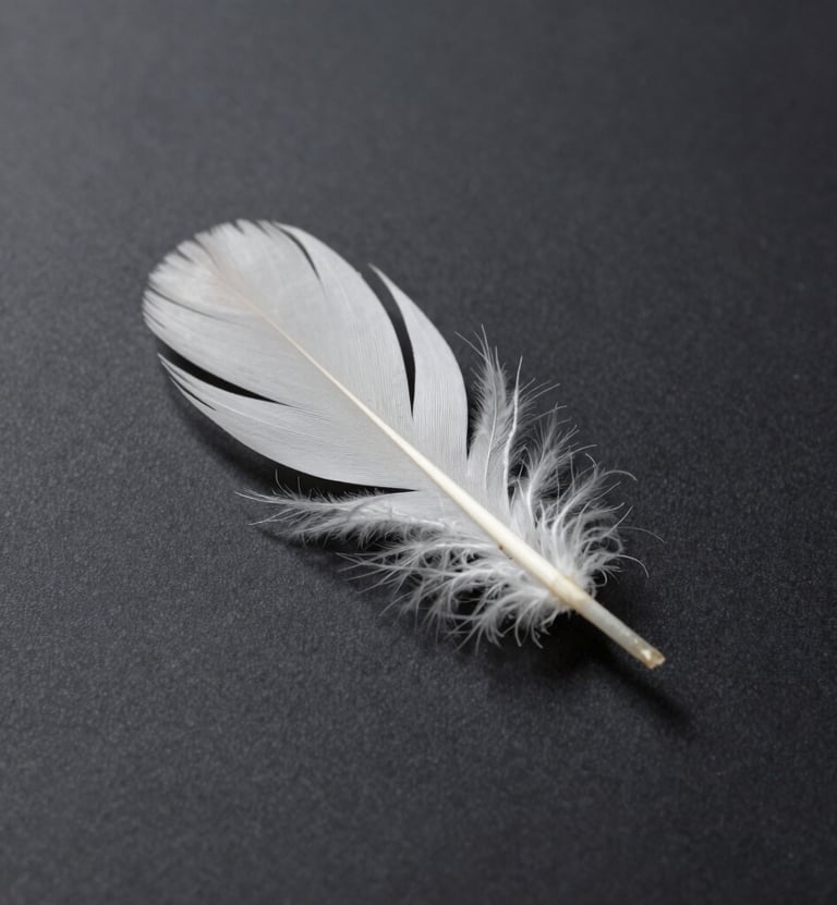 A minimalist composition of a single white feather resting on a dark, matte surface (#2F363F). High clarity and sharp focus, emphasizing delicate textures.