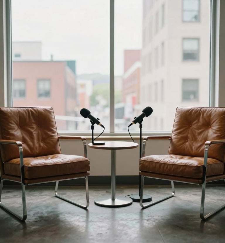 An aesthetic shot of two leather chairs facing each other in a bright, modern room with large windows. A small table between them holds two microphones, suggesting a thoughtful conversation in a North American urban space.