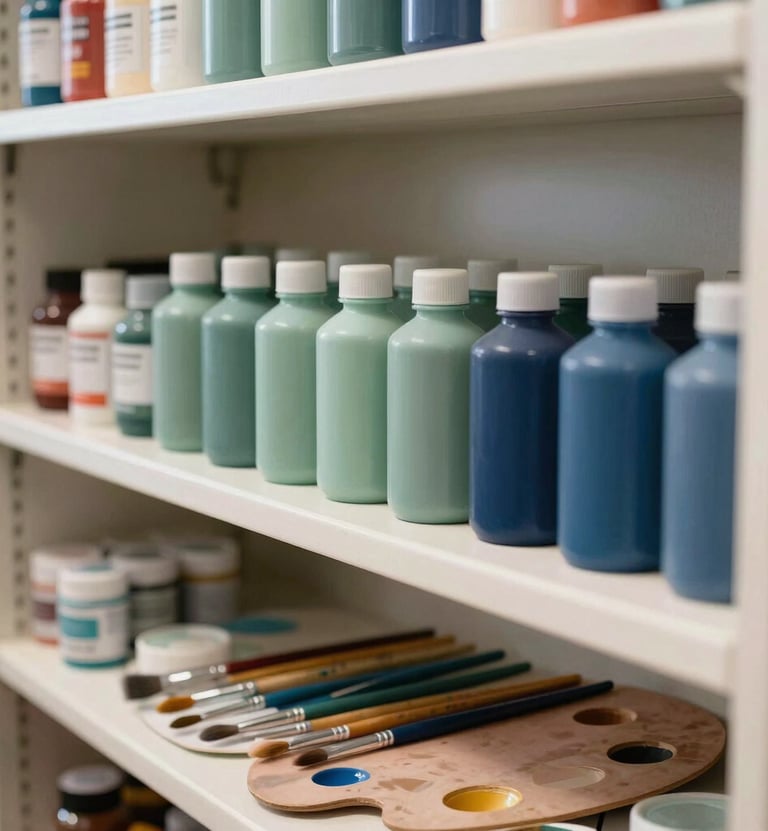 A clean, well-organized art supply shelf in a North American school, featuring palettes, paintbrushes, and bottles of paint in soft sage green and midnight blue tones.
