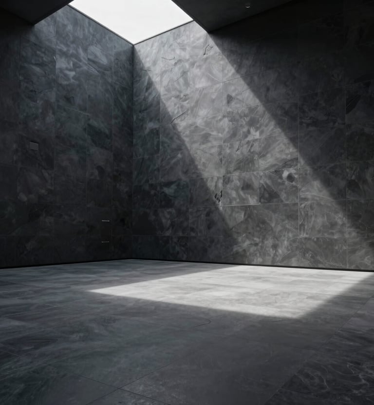 Wide-angle architectural photography of a minimalist interior space with dark slate gray walls. A single soft silver light source from above creates long shadows, simulating the interior of a futuristic outpost in a North American / US setting.