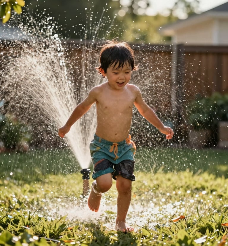 A portrait of a child running through a North American / US backyard sprinkler. The water droplets are captured in a cinematic freeze-frame, backlit by the warm afternoon sun. Vibrant yet natural colors.