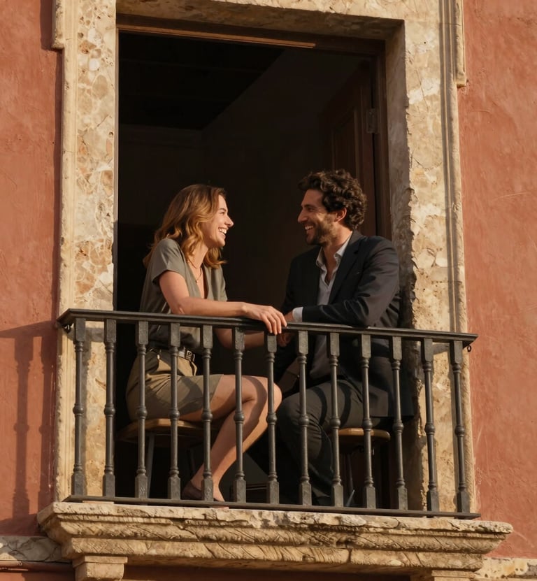 An intimate moment of a couple sharing a quiet laugh on an old Spanish stone balcony. Warm, soft golden hour sunlight, charcoal and light terracotta color palette in their simple stylish clothing, natural and relaxed pose, high-end lifestyle photography.