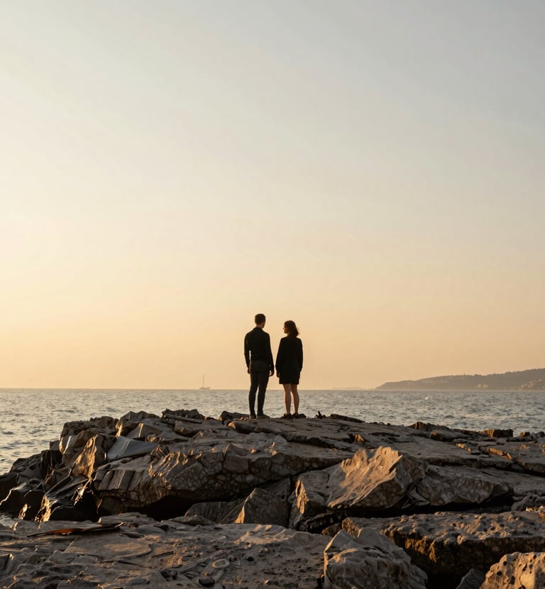 A wide landscape photography of a couple standing on the rocky coast of Kartal, Istanbul during the golden hour. The sky is a blend of luxury gold and soft off-white. Professional minimalist composition.