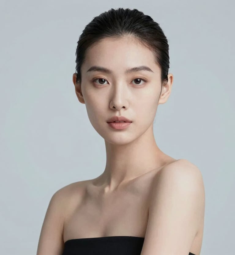 A high-resolution, high-fashion portrait of a woman with minimalist styling, soft studio lighting, sharp focus, set against a clean background with subtle #3D5A80 tones, exuding elegance and professional AI craftsmanship.