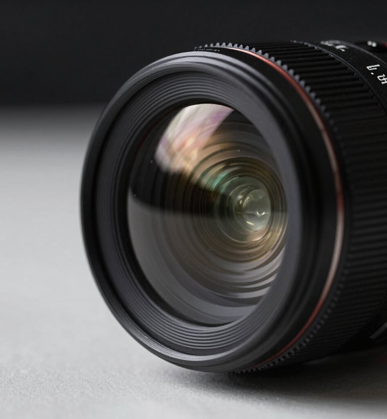 Close-up of a professional camera lens reflecting the bright lights of a basketball court, dark and sleek aesthetic, sophisticated and professional vibe, black and white palette.
