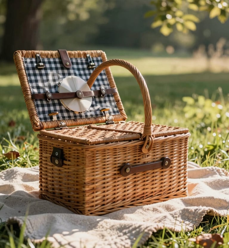 A detailed shot of a picnic basket and a soft sand blanket on the grass, with sunbeams filtering through leaves in a North American US rural setting. Cinematic and warm aesthetic.