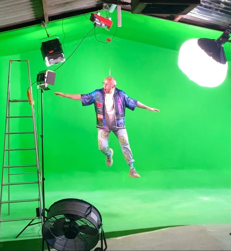 homme qui vole, tournage fond vert