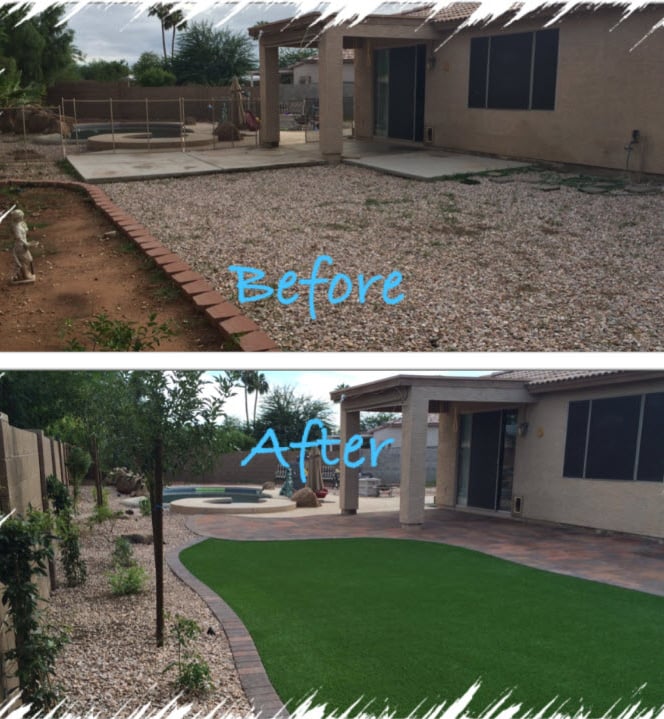 a before and after backyard patio with a lawn photo
