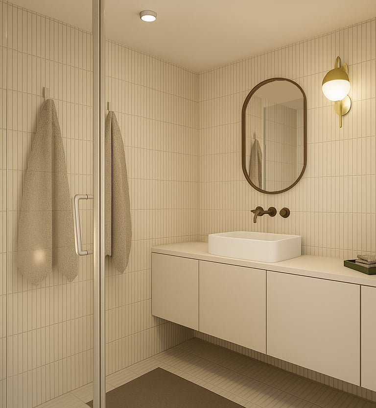 Salle de bain au nuance de beige, vue sur le meuble vasque et son miroir
