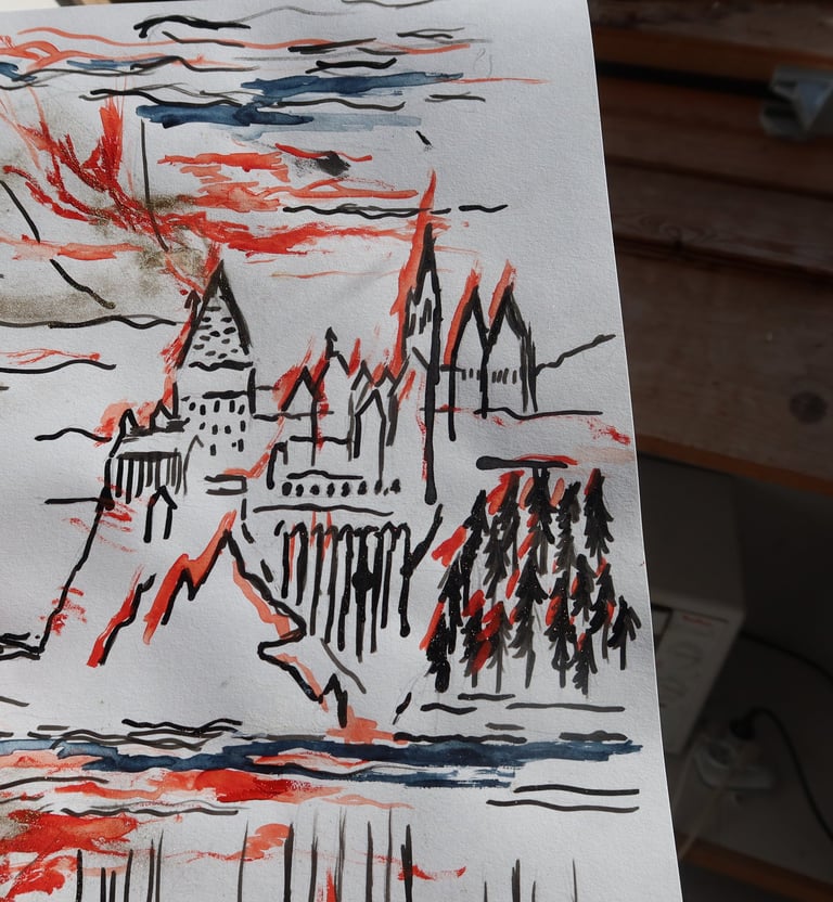 Aquarelle d'un grand château mystérieux et magique surplombant un lac reflétant le ciel rouge.
