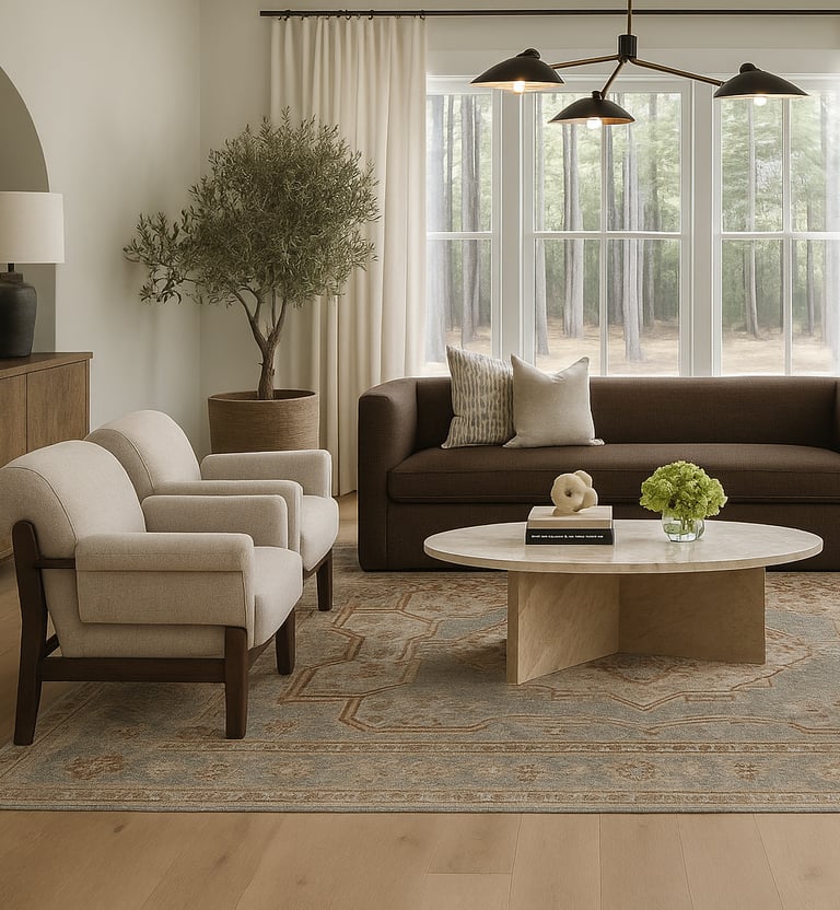 Modern traditional living room design with neutral tones and layered textures