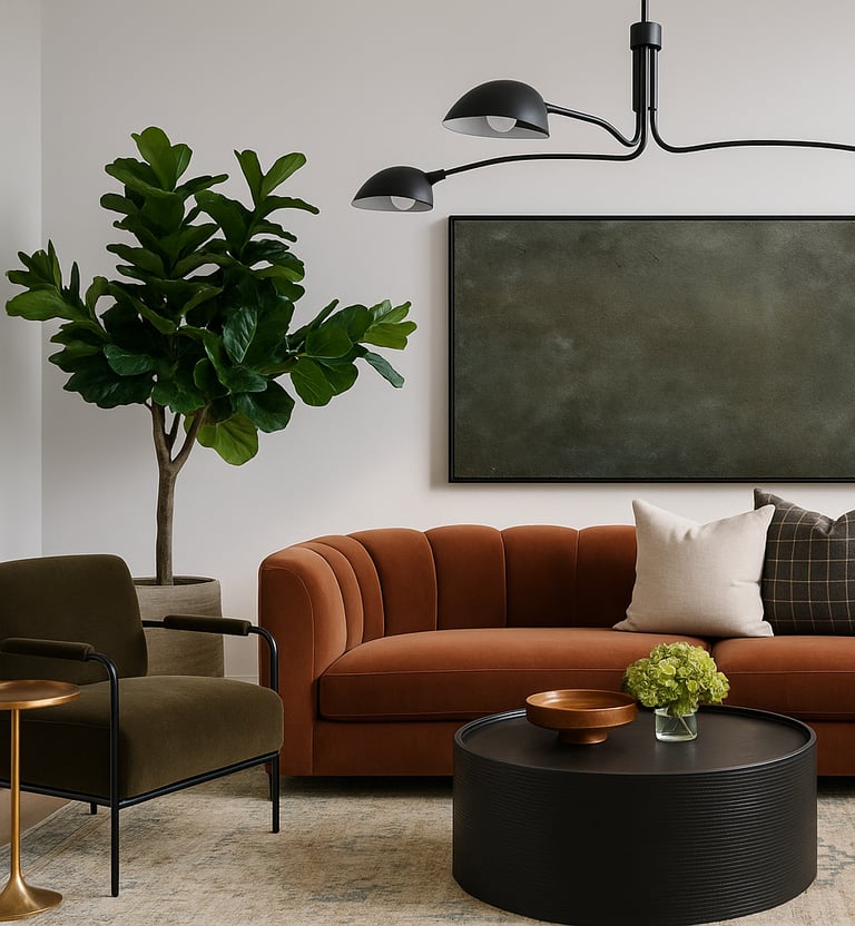 modern traditional living room in neutrals with pop of color