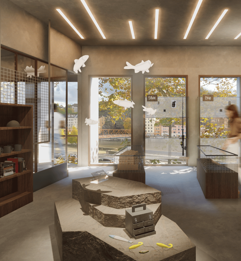 magasin de pêche au 1er étage avec vue sur la Saône