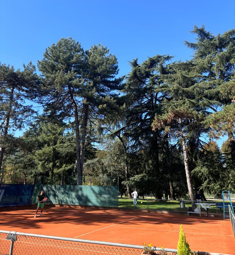 Uomo giocando a tennis, Campo da tennis in terra rossa presso il Centro Tennis Aeronautica, Milano.