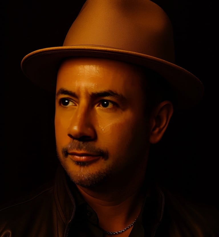 Warm gold-lit portrait of Alp Şahin wearing a hat, representing the human presence behind Aurionism