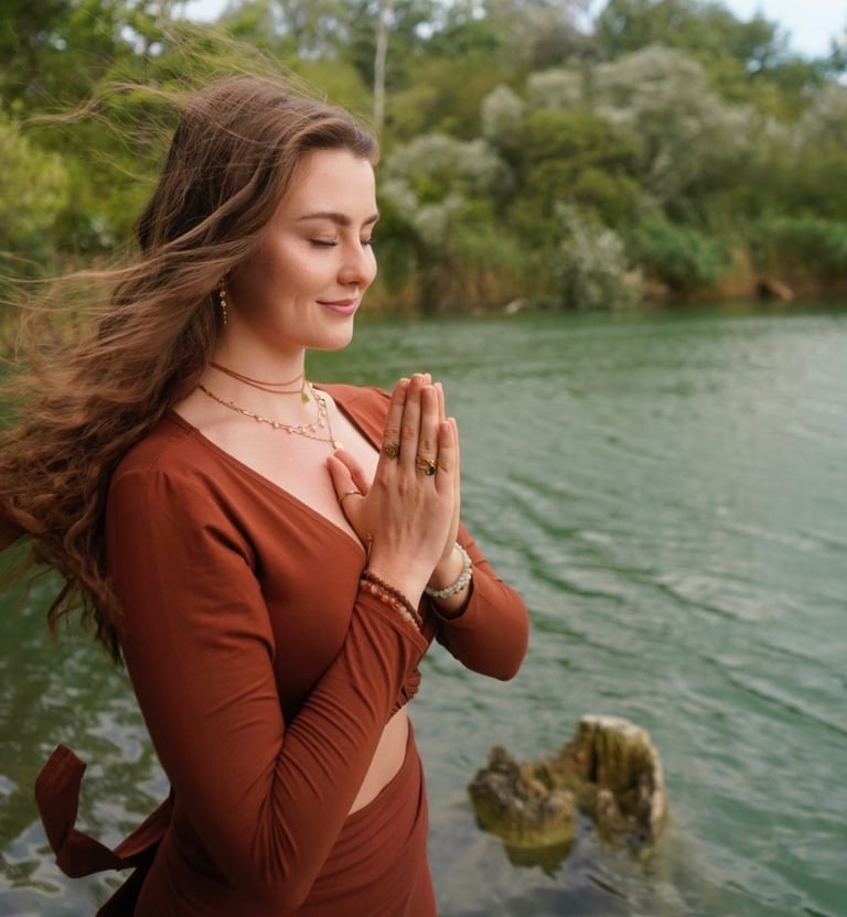Celina Lerchner steht mit gefalteten Händen im Anjali Mudra vor einem See.