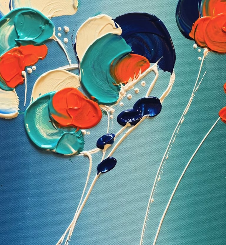 un tableau avec un fond dégradé bleu et des fleurs abstraites 