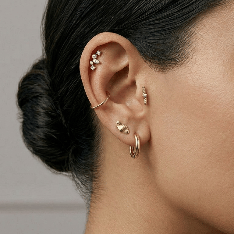 אוזן מעוצבת בסגנון יוקרתי עם עגילי חישוק מזהב, יהלומים ופירסינג הליקס