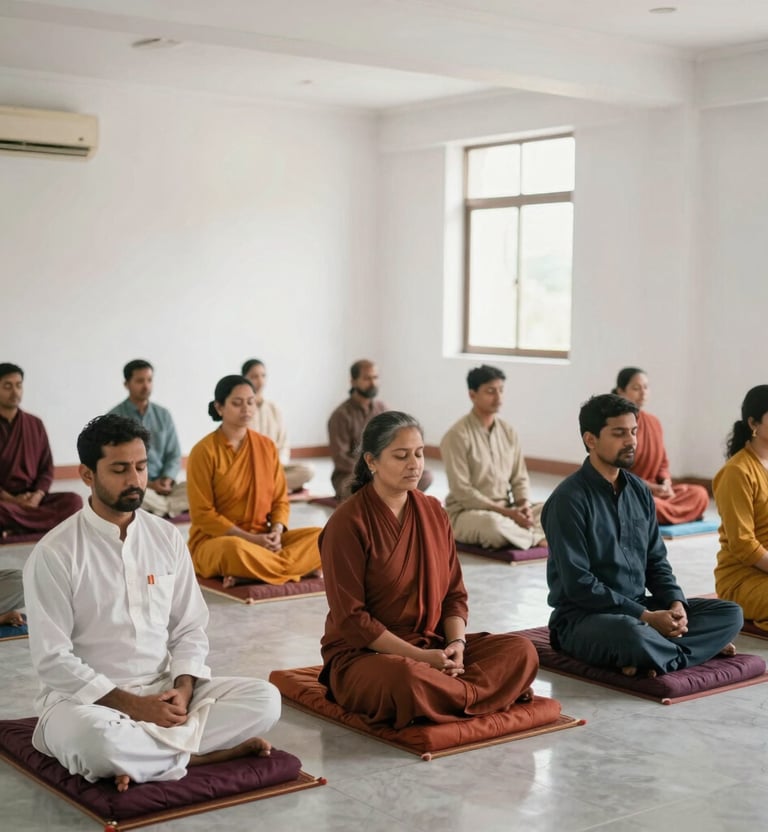 A youth group chanting mantras in unison during an outdoor session surrounded by nature